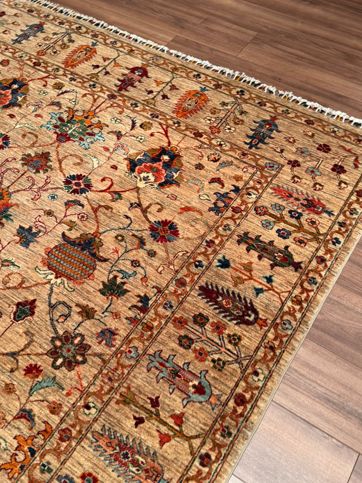 Sultani Binbirgece Orijinal El Dokuması Bej Kök Boya Yün Halı 204x302 6.16 Metrekare - 7x10 ft