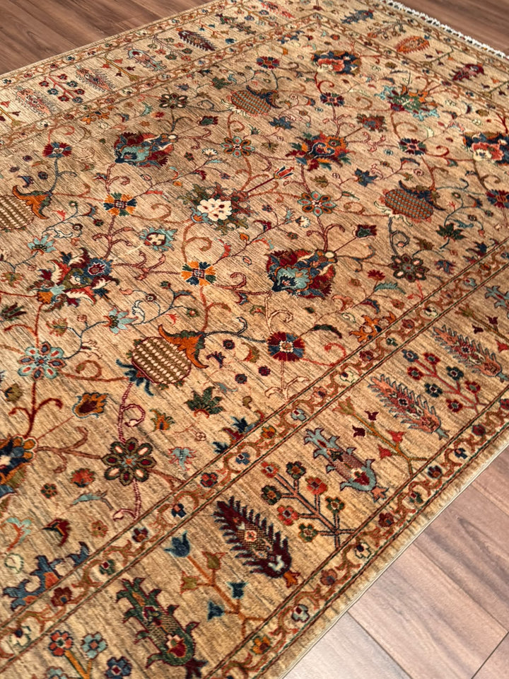 Sultani Binbirgece Orijinal El Dokuması Bej Kök Boya Yün Halı 204x302 6.16 Metrekare - 7x10 ft