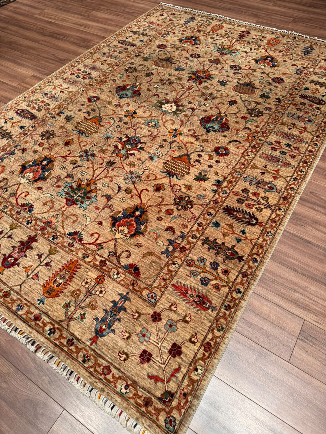 Sultani Binbirgece Orijinal El Dokuması Bej Kök Boya Yün Halı 204x302 6.16 Metrekare - 7x10 ft