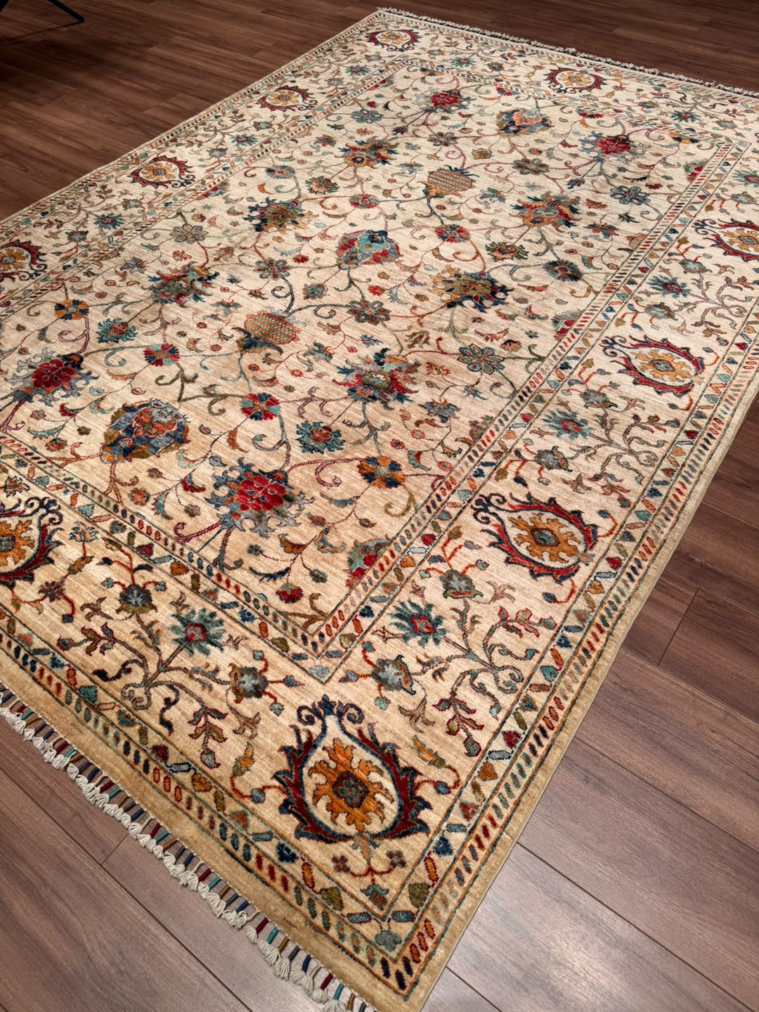 Sultani Binbirgece Orijinal El Dokuması Bej Kök Boya Yün Halı 207x289 5.98 Metrekare - 7x10 ft