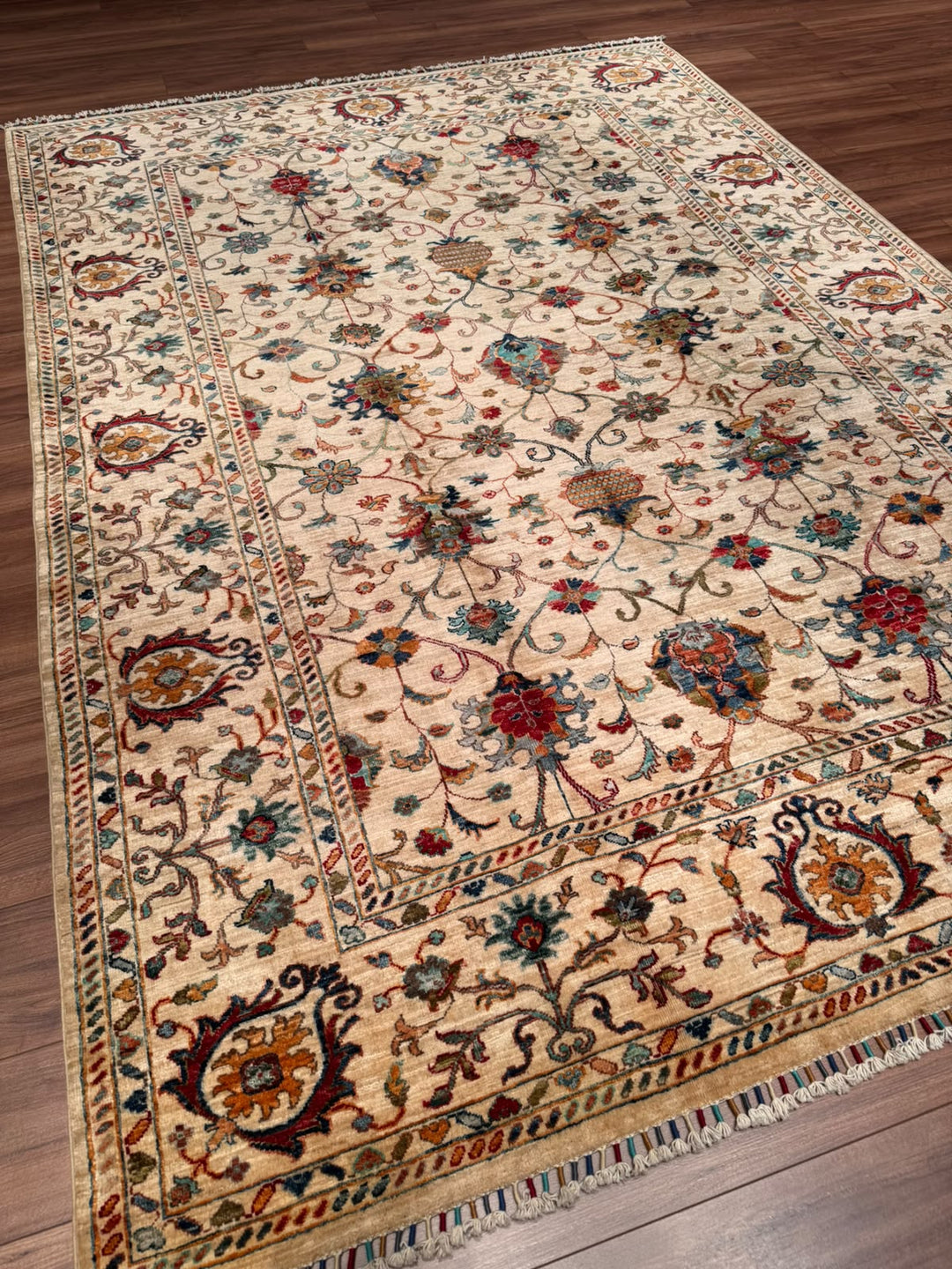 Sultani Binbirgece Orijinal El Dokuması Bej Kök Boya Yün Halı 207x289 5.98 Metrekare - 7x10 ft