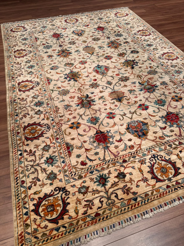 Sultani Binbirgece Orijinal El Dokuması Bej Kök Boya Yün Halı 207x289 5.98 Metrekare - 7x10 ft