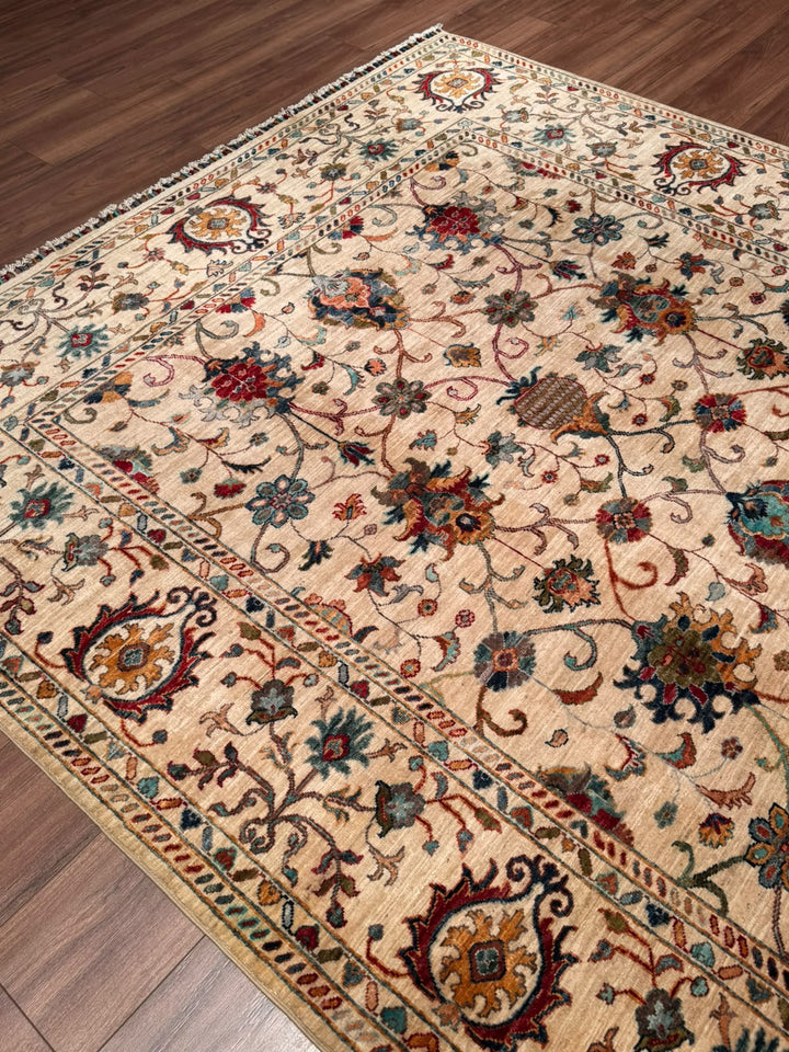 Sultani Binbirgece Orijinal El Dokuması Bej Kök Boya Yün Halı 207x289 5.98 Metrekare - 7x10 ft