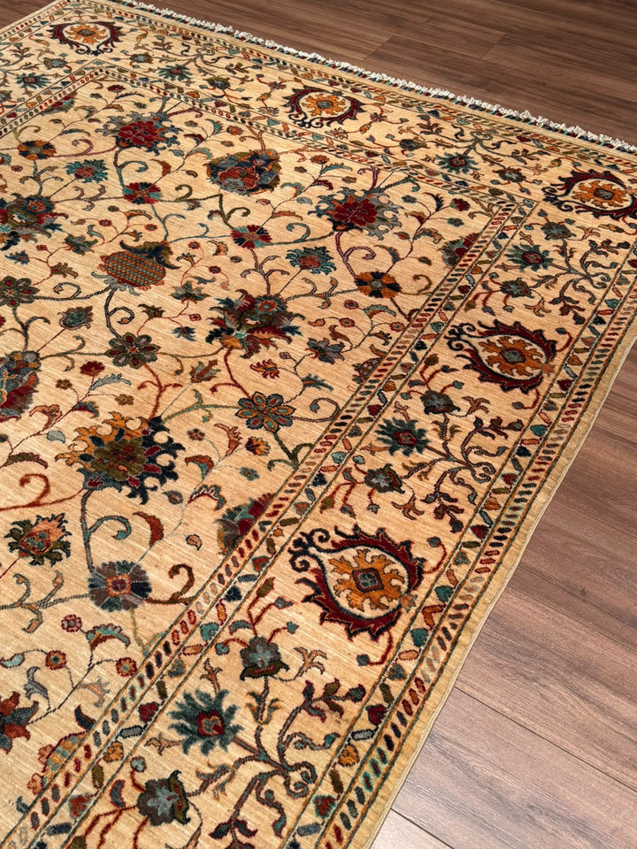 Sultani Binbirgece Orijinal El Dokuması Bej Kök Boya Yün Halı 207x289 5.98 Metrekare - 7x10 ft