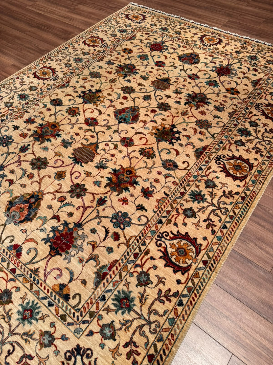 Sultani Binbirgece Orijinal El Dokuması Bej Kök Boya Yün Halı 207x289 5.98 Metrekare - 7x10 ft