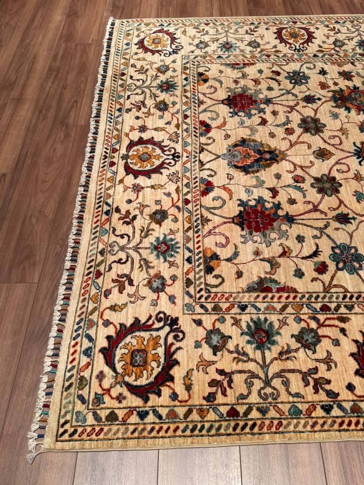 Sultani Binbirgece Orijinal El Dokuması Bej Kök Boya Yün Halı 207x289 5.98 Metrekare - 7x10 ft