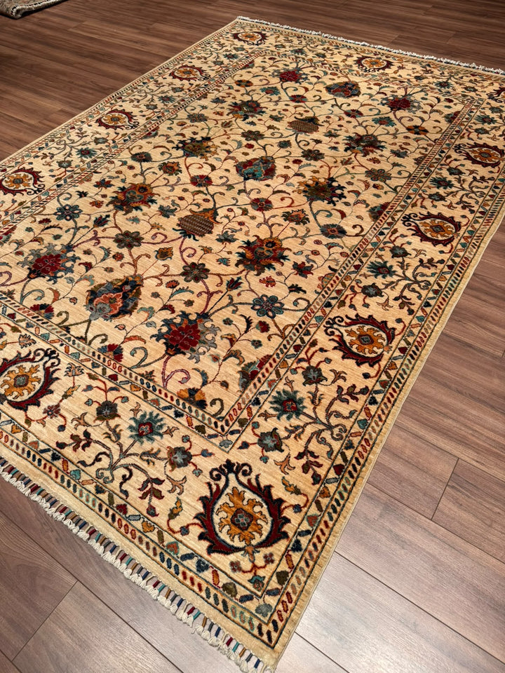 Sultani Binbirgece Orijinal El Dokuması Bej Kök Boya Yün Halı 207x289 5.98 Metrekare - 7x10 ft