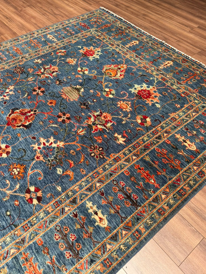 Sultani Binbirgece Orijinal El Dokuması Mavi Kök Boya Yün Halı 206x296 6.10 Metrekare - 7x10 ft