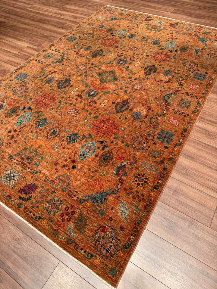 Kahverengi Güllüce Orijinal Kök Boya El Dokuması Yün Halı 186x288 5.36 Metrekare - 6x10 ft