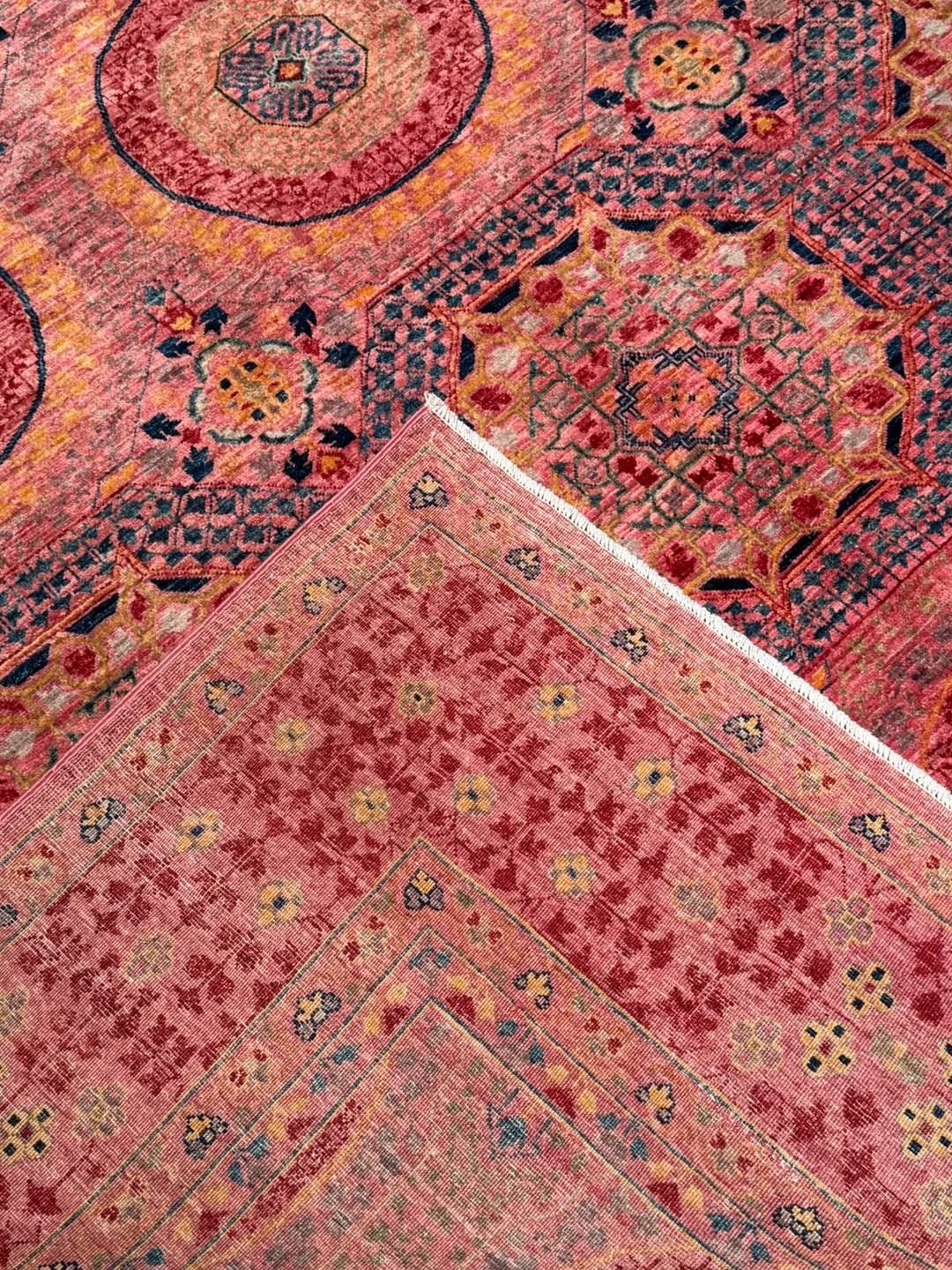 Memlük 50x50 Orijinal El Dokuması Pembe Kök Boya Yün Halı 244x298 7.27 Metrekare - 7x10 ft