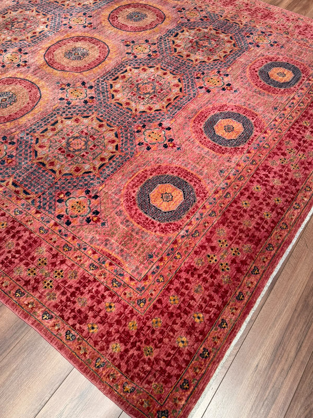 Memlük 50x50 Orijinal El Dokuması Pembe Kök Boya Yün Halı 244x298 7.27 Metrekare - 7x10 ft