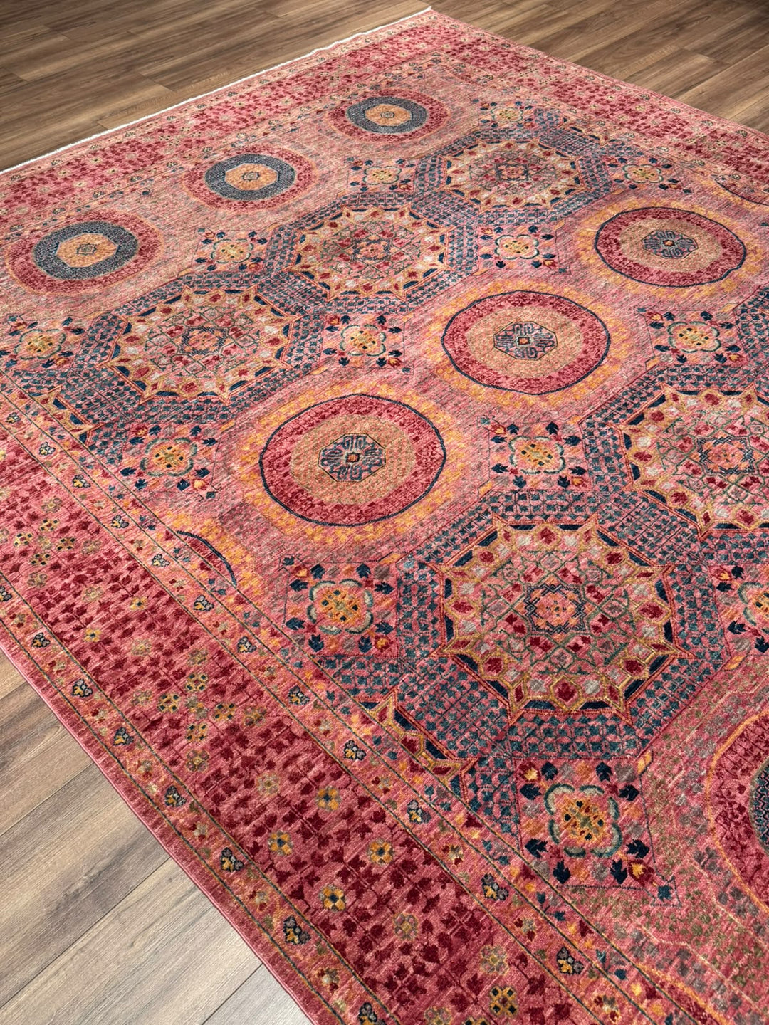 Memlük 50x50 Orijinal El Dokuması Pembe Kök Boya Yün Halı 244x298 7.27 Metrekare - 7x10 ft
