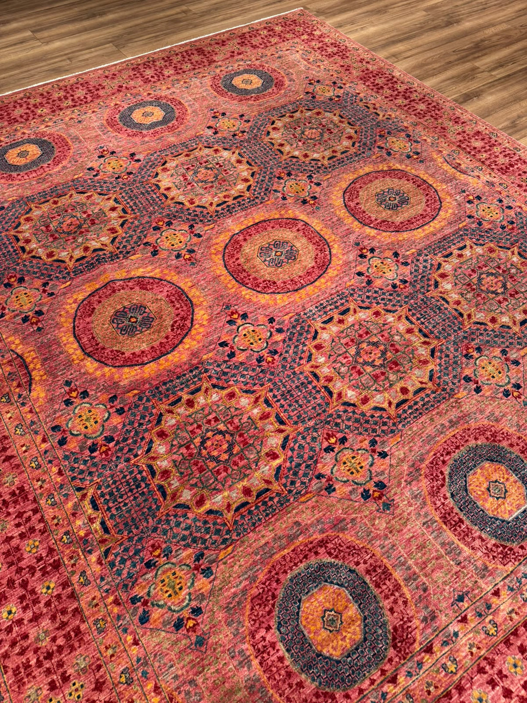 Memlük 50x50 Orijinal El Dokuması Pembe Kök Boya Yün Halı 244x298 7.27 Metrekare - 7x10 ft