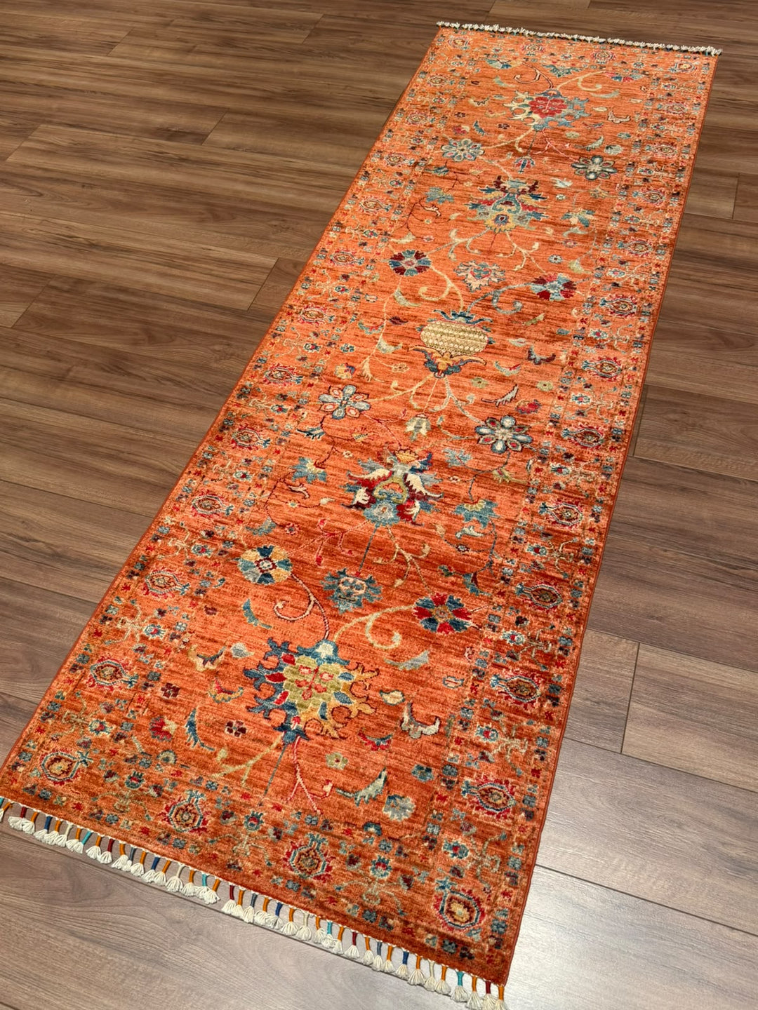 Sultani Binbirgece Yolluk Orijinal El Dokuması Turuncu Kök Boya Yün Halı 0.79x244 1.93 Metrekare - 3x8 ft