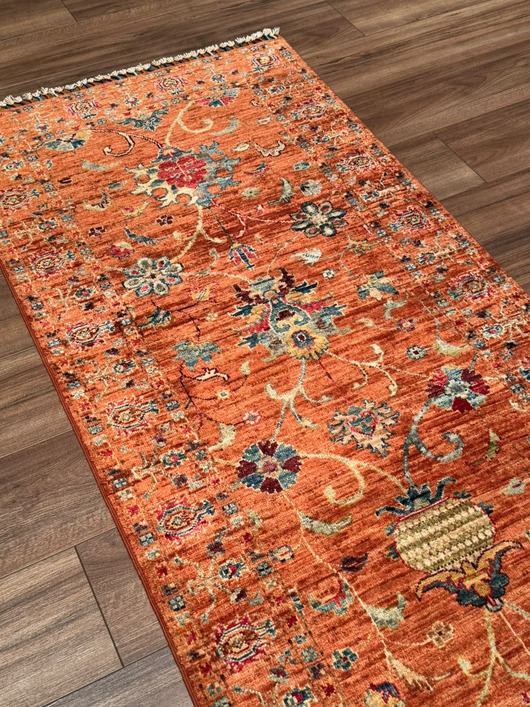Sultani Binbirgece Yolluk Orijinal El Dokuması Turuncu Kök Boya Yün Halı 0.79x244 1.93 Metrekare - 3x8 ft