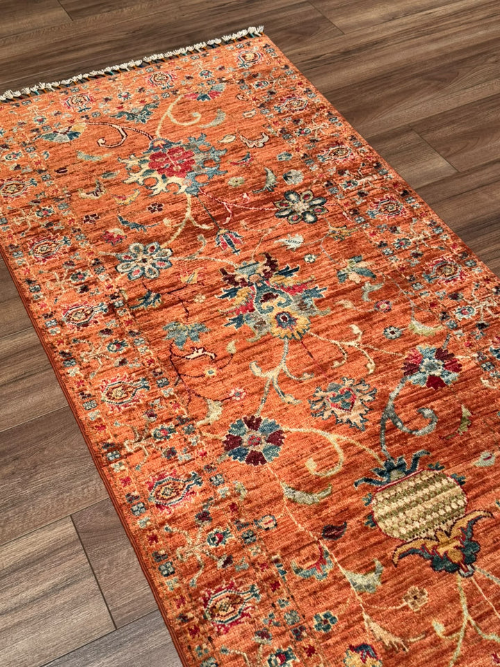 Sultani Binbirgece Yolluk Orijinal El Dokuması Turuncu Kök Boya Yün Halı 0.79x244 1.93 Metrekare - 3x8 ft