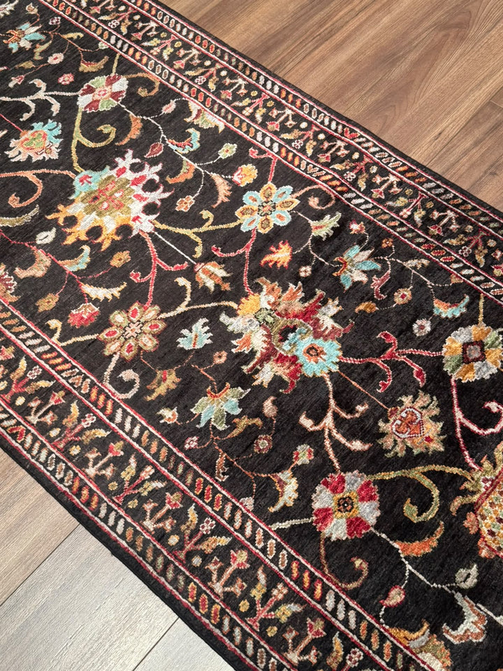 Sultani Binbirgece Yolluk Orijinal El Dokuması Siyah Kök Boya Yün Halı 0.83x303 2.51 Metrekare - 3x10 ft