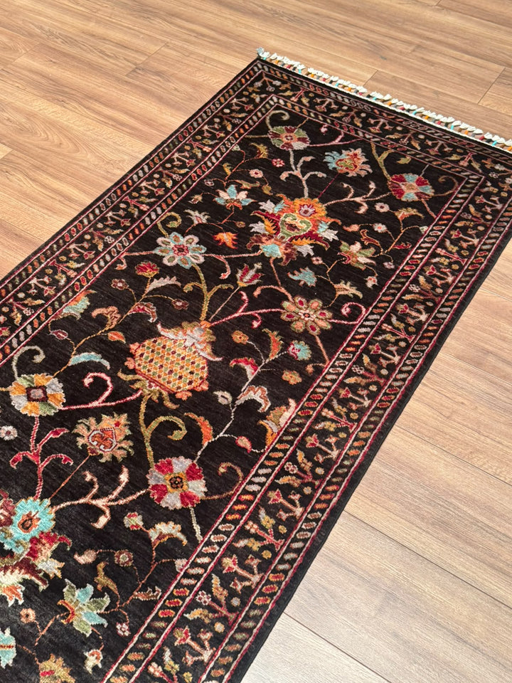 Sultani Binbirgece Yolluk Orijinal El Dokuması Siyah Kök Boya Yün Halı 0.83x303 2.51 Metrekare - 3x10 ft