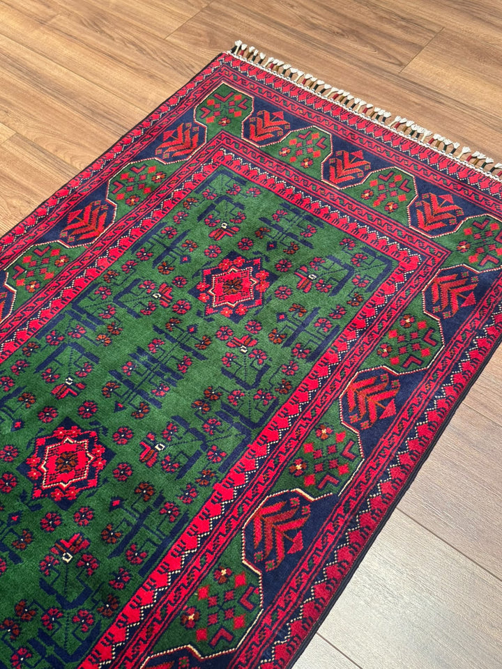 Afgan Halısı Yeşil Hamyap Yolluk Orijinal El Dokuması Kök Boya Yün 0.79x293 2.31 Metrekare - 3x10 ft