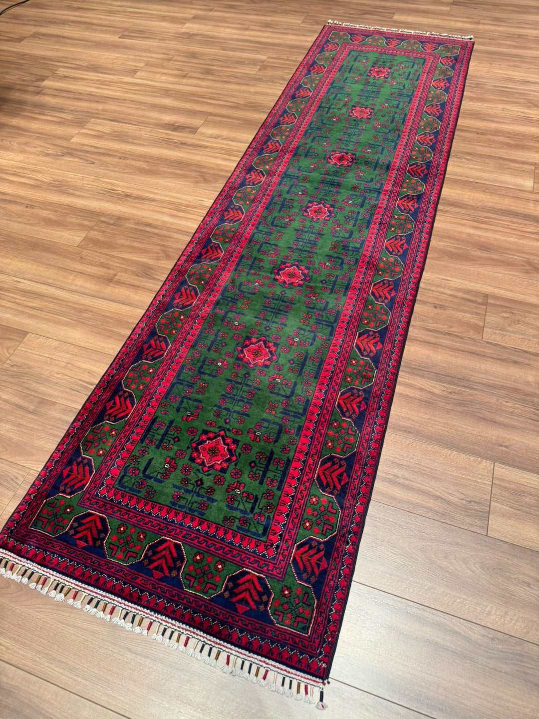 Afgan Halısı Yeşil Hamyap Yolluk Orijinal El Dokuması Kök Boya Yün 0.79x293 2.31 Metrekare - 3x10 ft