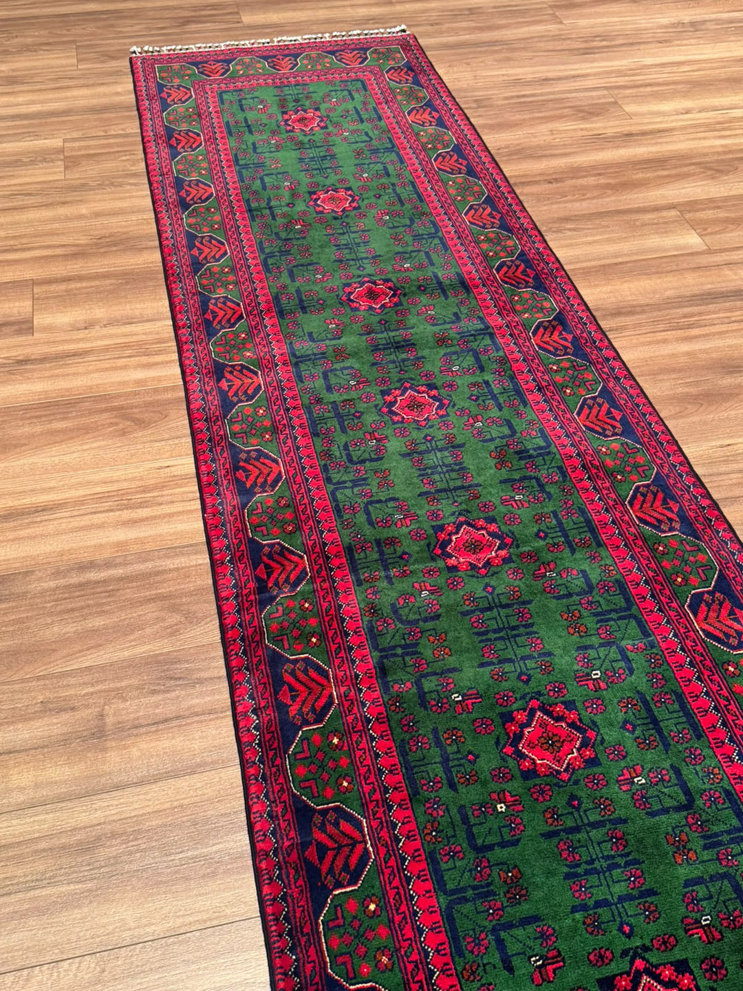 Afgan Halısı Yeşil Hamyap Yolluk Orijinal El Dokuması Kök Boya Yün 0.79x293 2.31 Metrekare - 3x10 ft