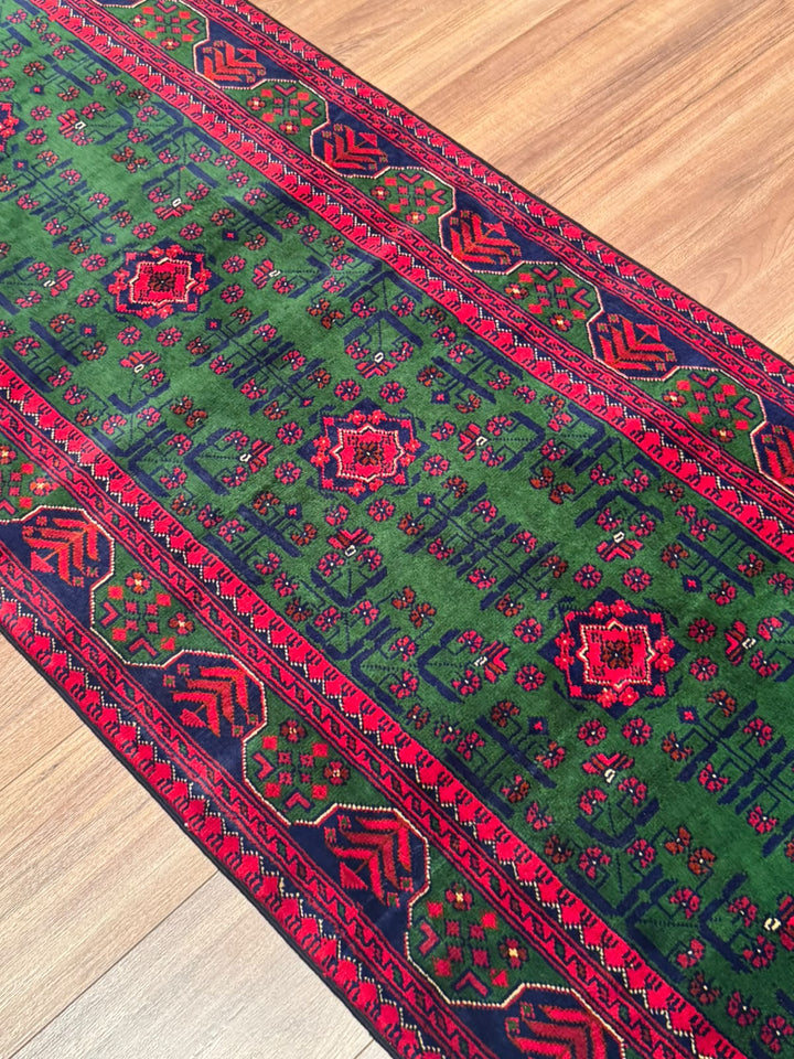 Afgan Halısı Yeşil Hamyap Yolluk Orijinal El Dokuması Kök Boya Yün 0.79x293 2.31 Metrekare - 3x10 ft