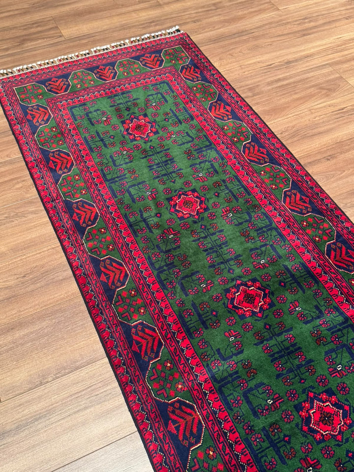 Afgan Halısı Yeşil Hamyap Yolluk Orijinal El Dokuması Kök Boya Yün 0.79x293 2.31 Metrekare - 3x10 ft