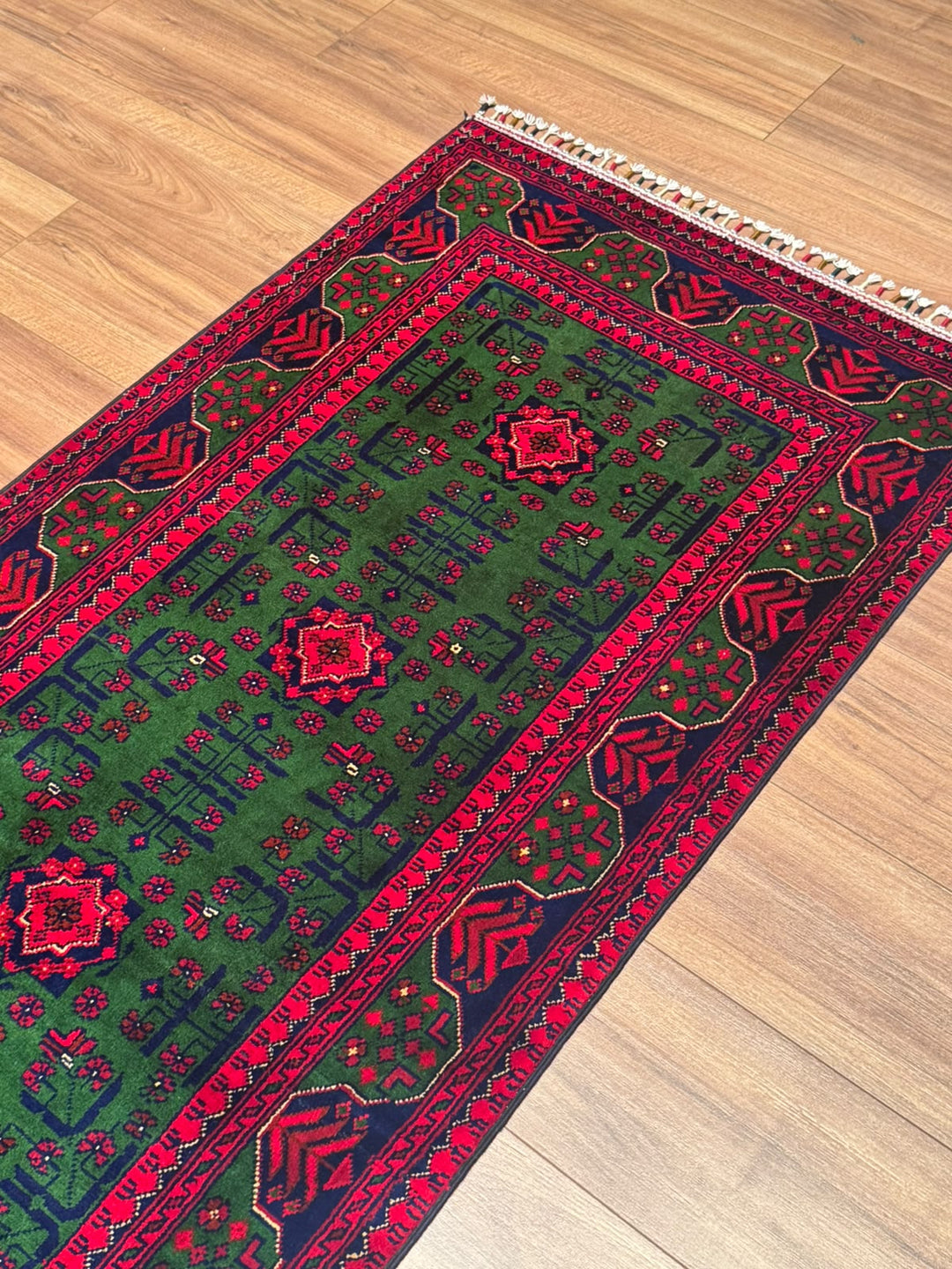 Afgan Halısı Yeşil Hamyap Yolluk Orijinal El Dokuması Kök Boya Yün 0.79x293 2.31 Metrekare - 3x10 ft