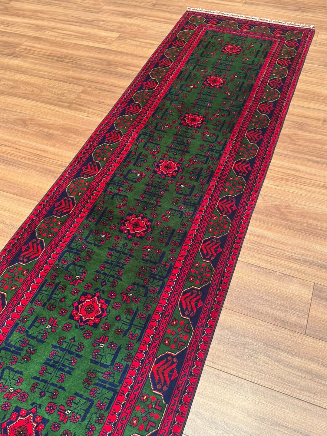 Afgan Halısı Yeşil Hamyap Yolluk Orijinal El Dokuması Kök Boya Yün 0.79x293 2.31 Metrekare - 3x10 ft