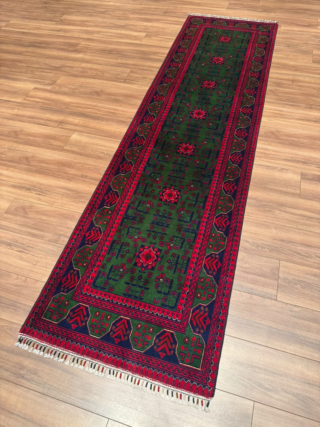 Afgan Halısı Yeşil Hamyap Yolluk Orijinal El Dokuması Kök Boya Yün 0.79x293 2.31 Metrekare - 3x10 ft