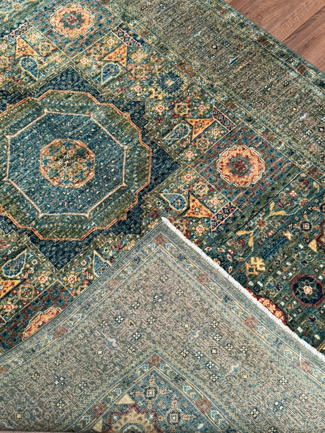 Memlük Orijinal El Dokuması Yeşil Kök Boya Yün Halı 122x195 2.38 Metrekare - 4x6 ft