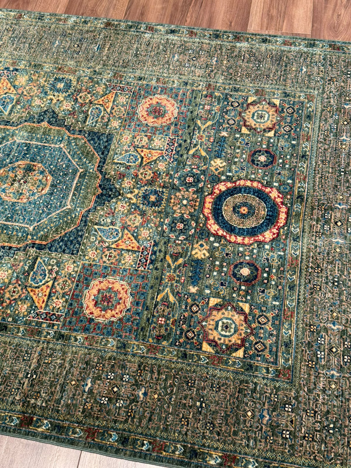 Memlük Orijinal El Dokuması Yeşil Kök Boya Yün Halı 122x195 2.38 Metrekare - 4x6 ft