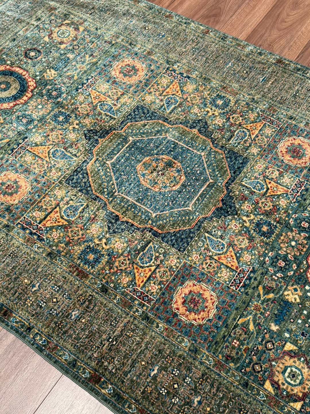 Memlük Orijinal El Dokuması Yeşil Kök Boya Yün Halı 122x195 2.38 Metrekare - 4x6 ft