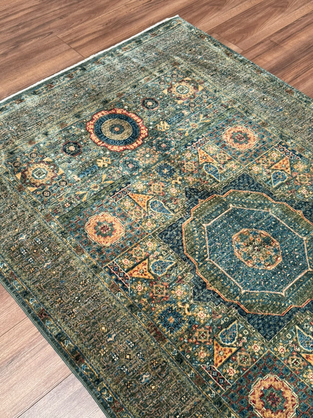 Memlük Orijinal El Dokuması Yeşil Kök Boya Yün Halı 122x195 2.38 Metrekare - 4x6 ft