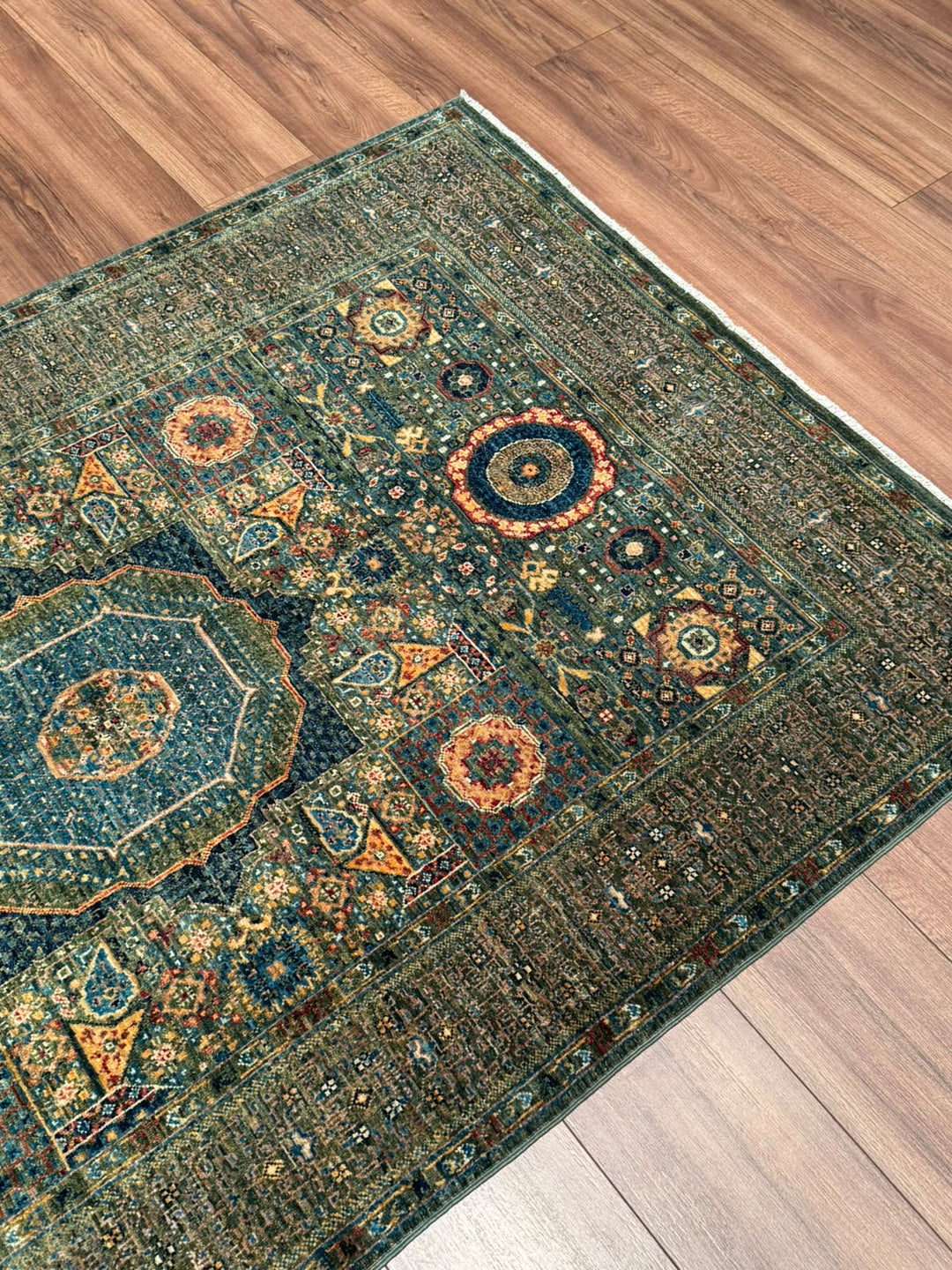 Memlük Orijinal El Dokuması Yeşil Kök Boya Yün Halı 122x195 2.38 Metrekare - 4x6 ft