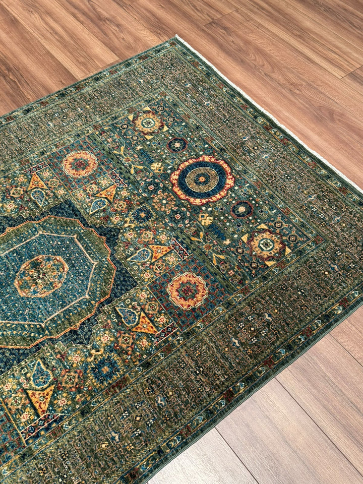 Memlük Orijinal El Dokuması Yeşil Kök Boya Yün Halı 122x195 2.38 Metrekare - 4x6 ft