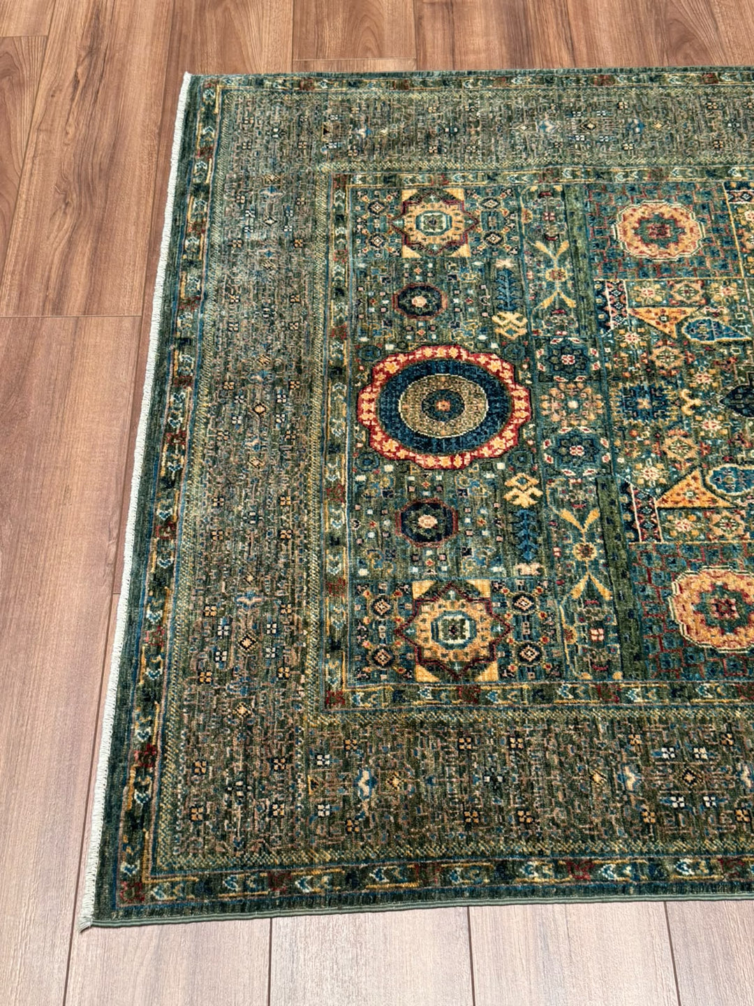 Memlük Orijinal El Dokuması Yeşil Kök Boya Yün Halı 122x195 2.38 Metrekare - 4x6 ft