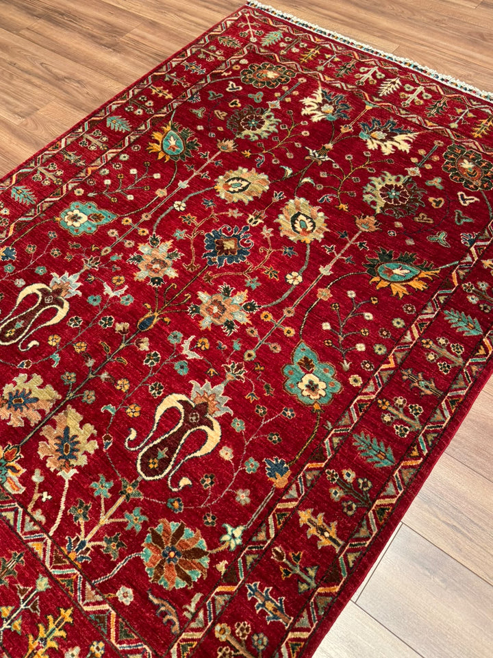 Sultani Çiçekli Orijinal El Dokuması Kırmızı Kök Boya Yün Halı 158x214 3.38 Metrekare - 5x6 ft