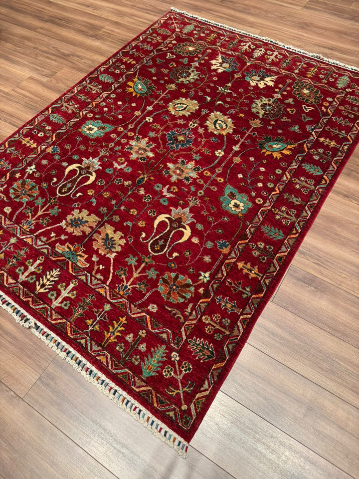 Sultani Çiçekli Orijinal El Dokuması Kırmızı Kök Boya Yün Halı 158x214 3.38 Metrekare - 5x6 ft