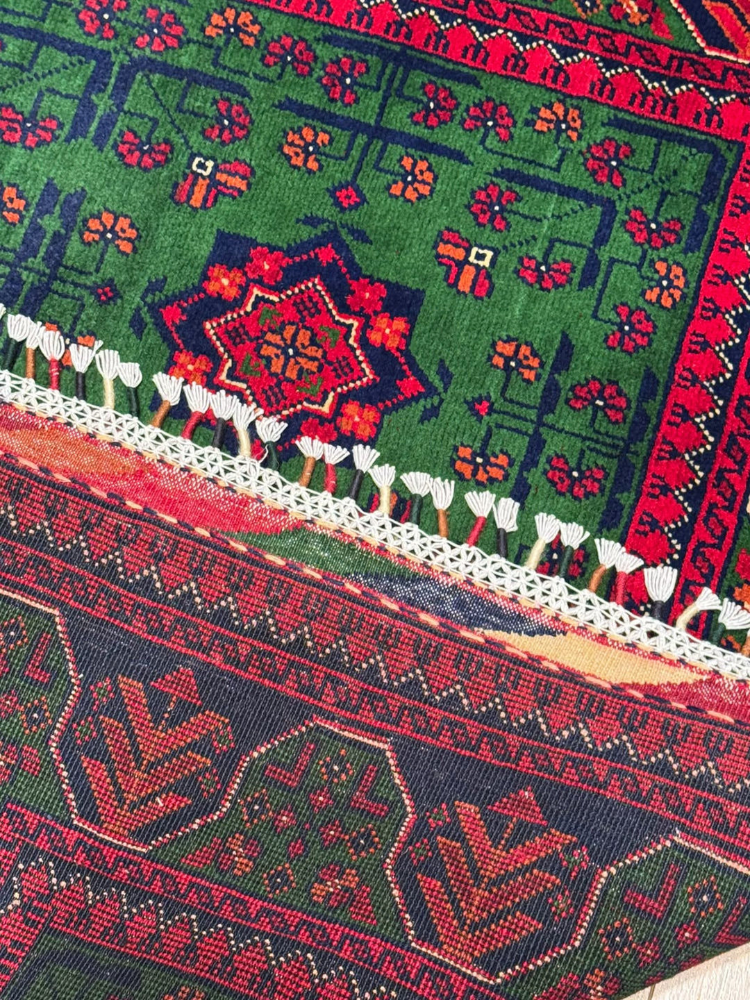 Afgan Halısı Yeşil Hamyap Orijinal El Dokuması Kök Boya Yün 116x178 2.06 Metrekare - 3x5 ft