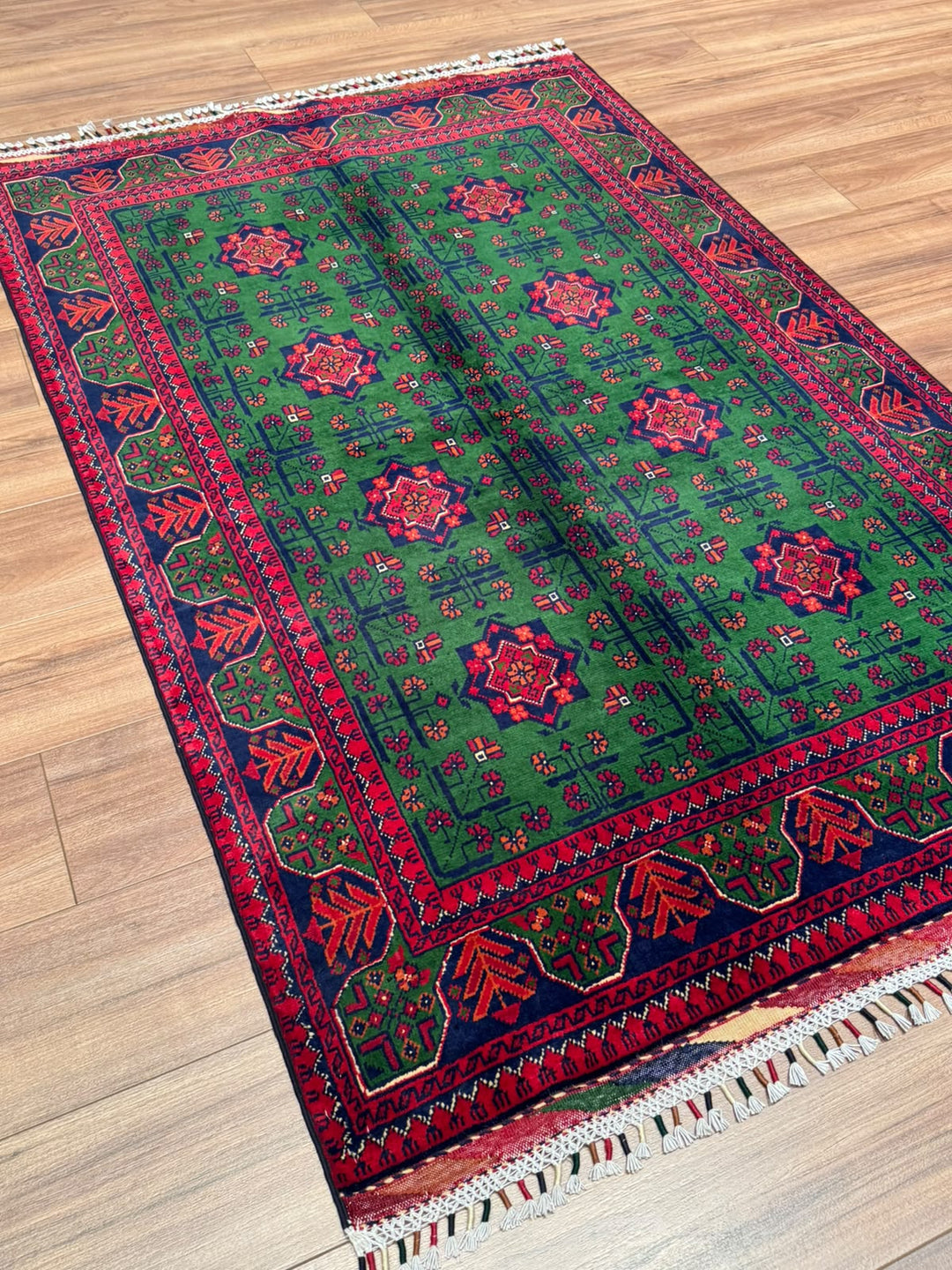 Afgan Halısı Yeşil Hamyap Orijinal El Dokuması Kök Boya Yün 116x178 2.06 Metrekare - 3x5 ft