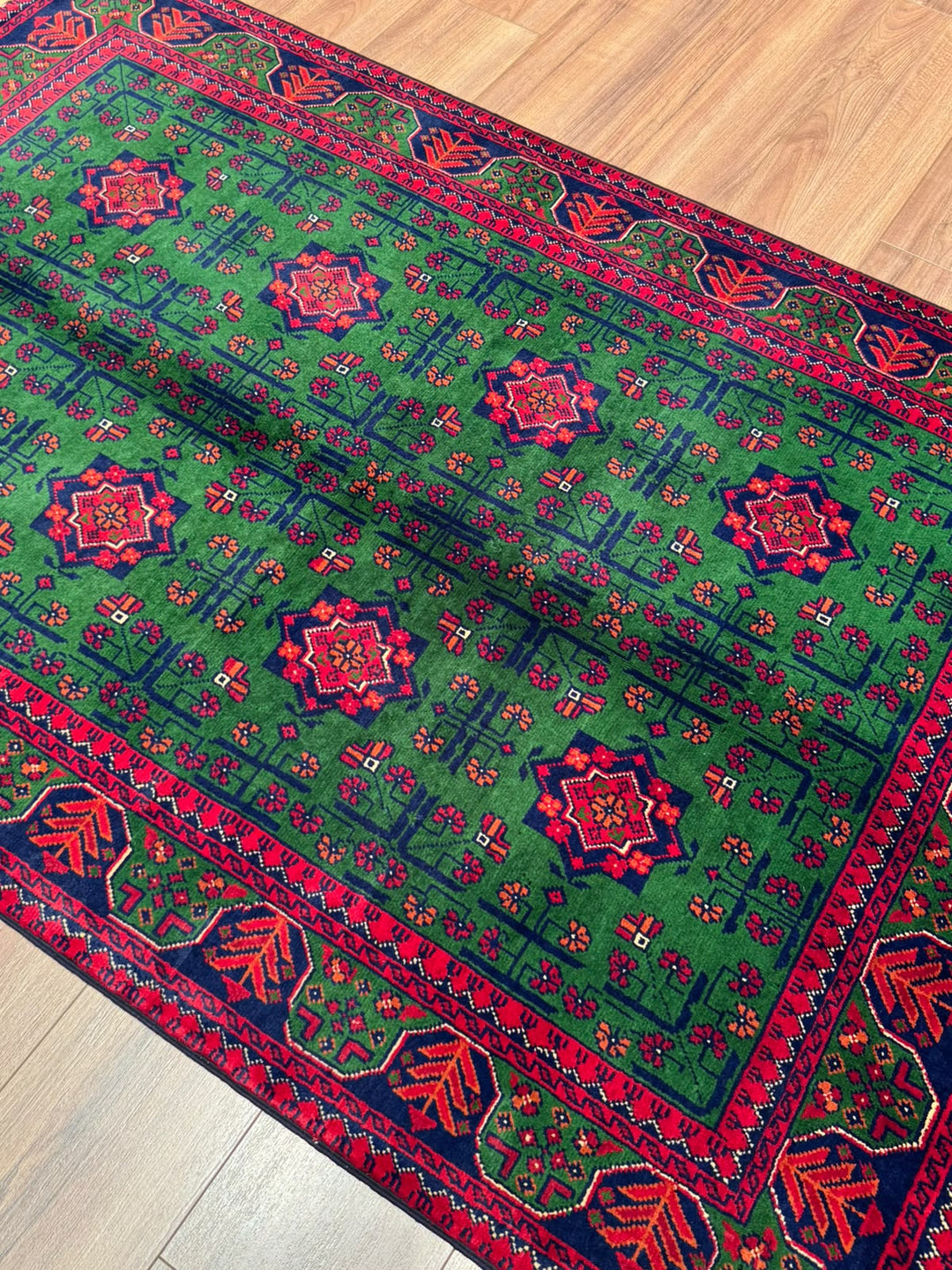 Afgan Halısı Yeşil Hamyap Orijinal El Dokuması Kök Boya Yün 116x178 2.06 Metrekare - 3x5 ft