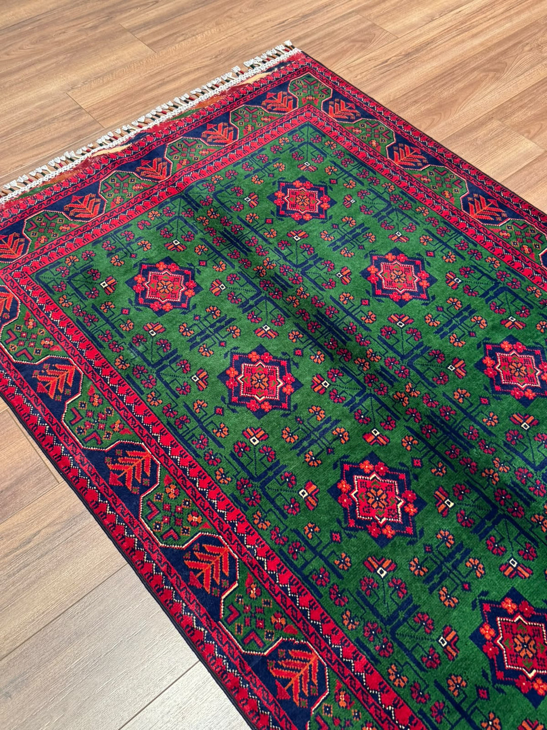 Afgan Halısı Yeşil Hamyap Orijinal El Dokuması Kök Boya Yün 116x178 2.06 Metrekare - 3x5 ft