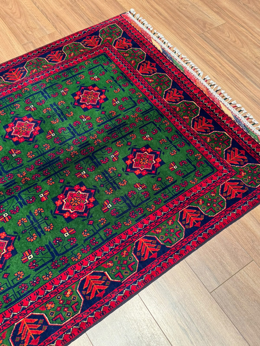 Afgan Halısı Yeşil Hamyap Orijinal El Dokuması Kök Boya Yün 116x178 2.06 Metrekare - 3x5 ft