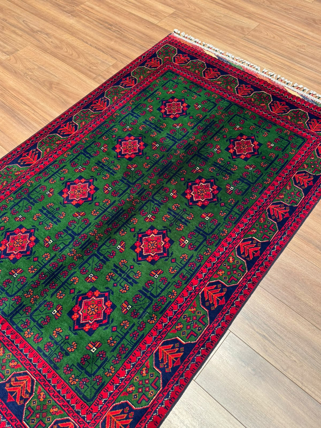 Afgan Halısı Yeşil Hamyap Orijinal El Dokuması Kök Boya Yün 116x178 2.06 Metrekare - 3x5 ft