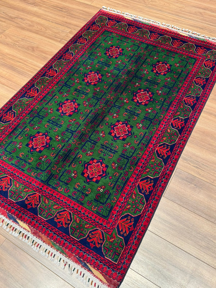 Afgan Halısı Yeşil Hamyap Orijinal El Dokuması Kök Boya Yün 116x178 2.06 Metrekare - 3x5 ft