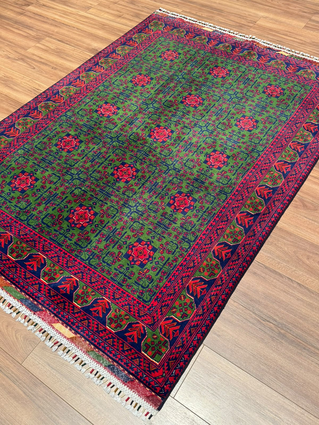 Afgan Halısı Yeşil Hamyap Orijinal El Dokuması Kök Boya Yün 144x196 2.82 Metrekare - 4x6 ft