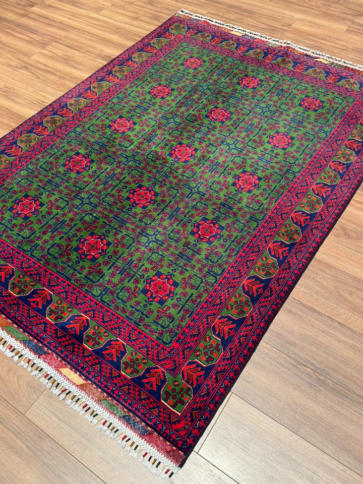 Afgan Halısı Yeşil Hamyap Orijinal El Dokuması Kök Boya Yün 144x196 2.82 Metrekare - 4x6 ft