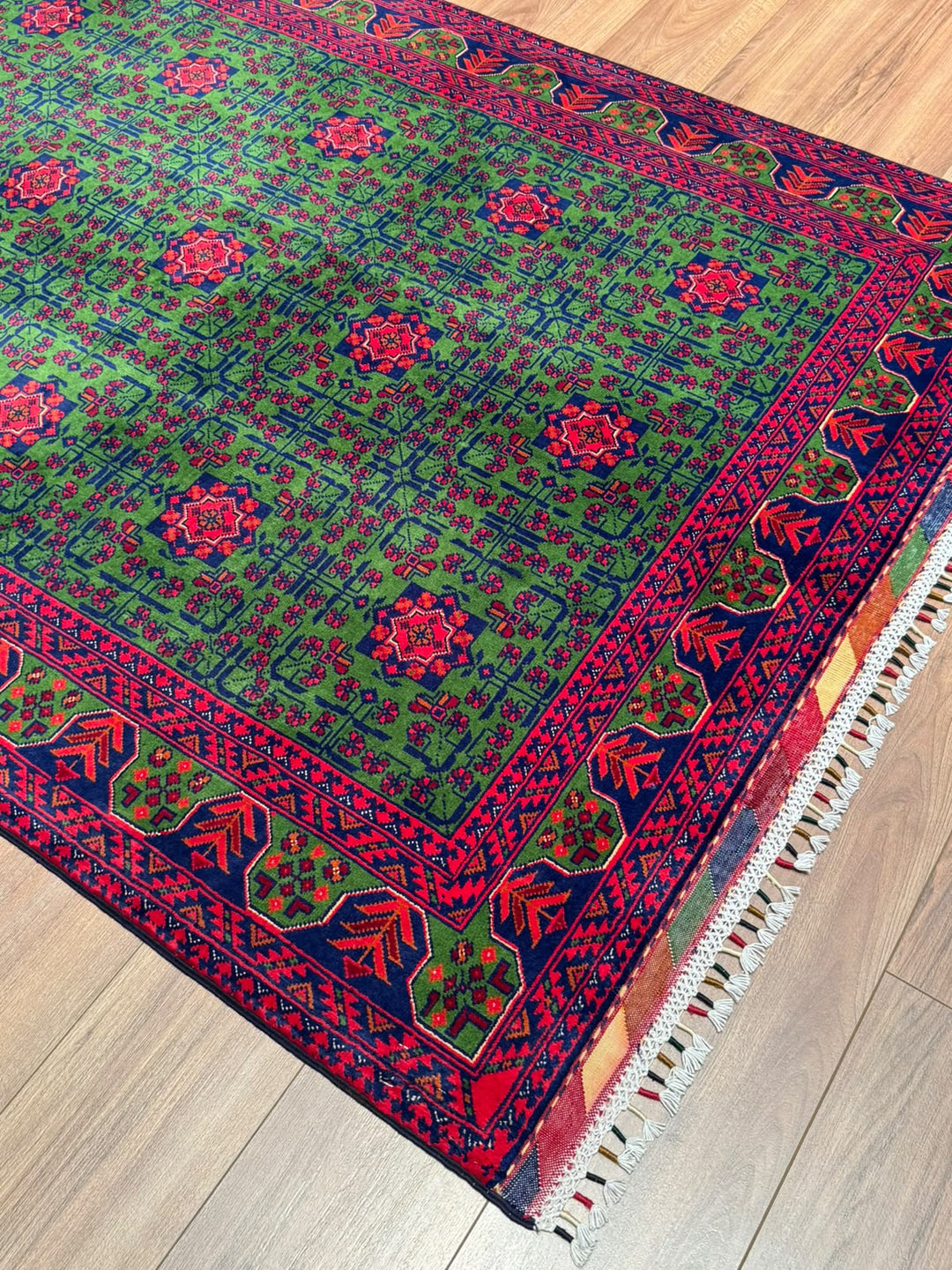Afgan Halısı Yeşil Hamyap Orijinal El Dokuması Kök Boya Yün 144x196 2.82 Metrekare - 4x6 ft