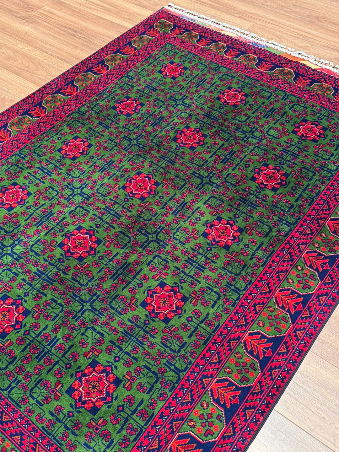 Afgan Halısı Yeşil Hamyap Orijinal El Dokuması Kök Boya Yün 144x196 2.82 Metrekare - 4x6 ft